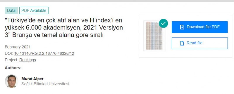 Türkiye'de en çok atıf alan ve H index’i en yüksek 6.000 akademisyen, Versiyon 4
